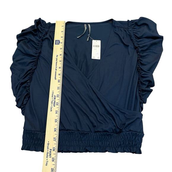Anthropologie Ruffle Faux Wrap Top XS Navy Blue Cropped Flutter Sleeve Casual - Picture 9 of 9